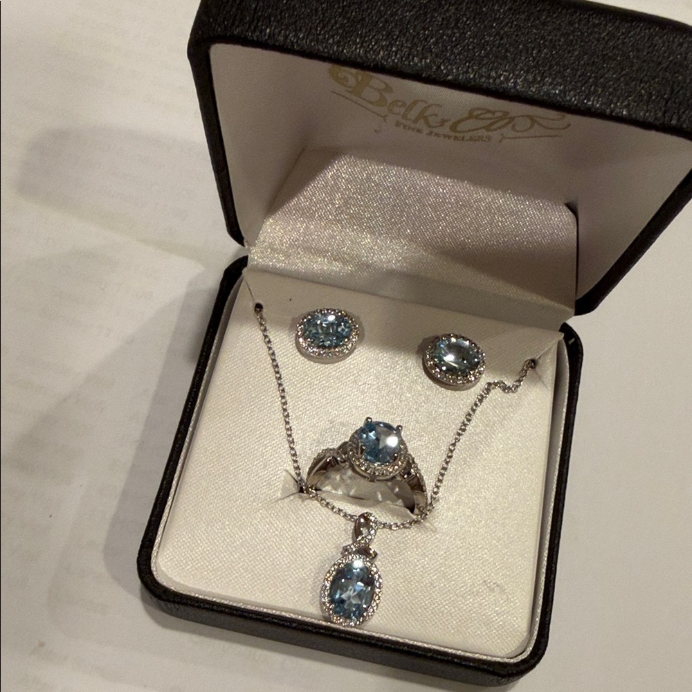 Sky blue topaz and white sapphire sterling silver earrings/necklace/ring set